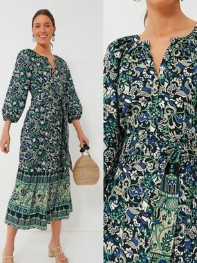 Tuckernuck NEW Batik Floral
Lyles Green Blue Puff Sleeve Belted
Midi-Size Small